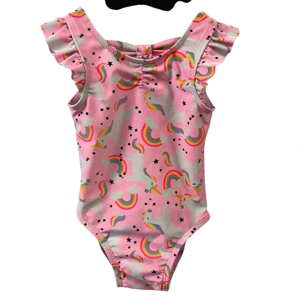 Cat and Jack Pink Unicorn Rainbow Ruffled One Piece Swimsuit Infants 9 Months